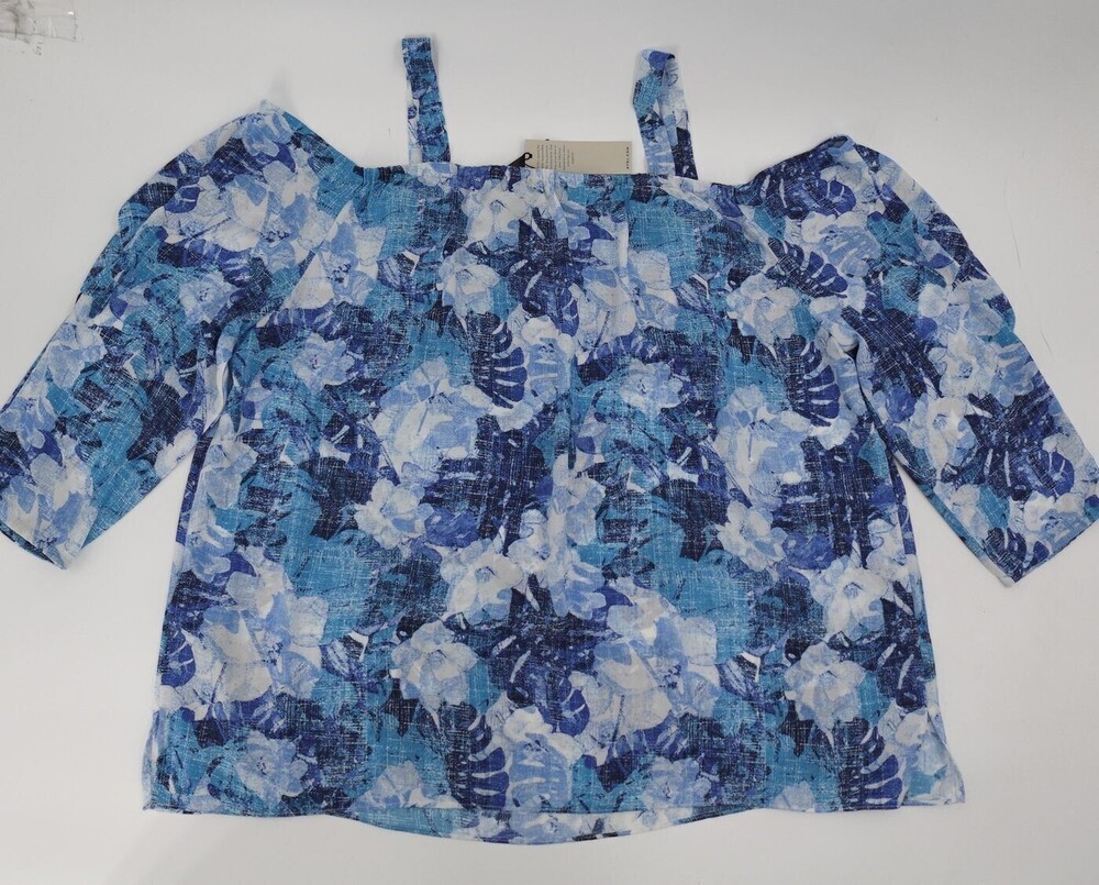 NYDJ Blouse Womens XL Blue Floral Cold Shoulder 3/4 Sleeve Tropical NWT Top